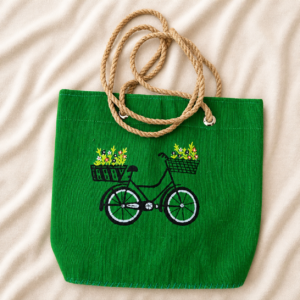 Green handcrafted jute tote bag with natural rope handles, lined interior, and hand-painted black bicycle design with colorful flower baskets on the front.
