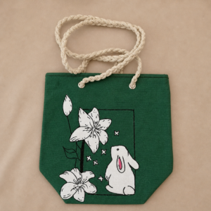 Handcrafted Green Jute Tote Bag with Bunny Floral Design | Natural Rope Handle Eco Bag | Zipper Everyday Shoulder Tote