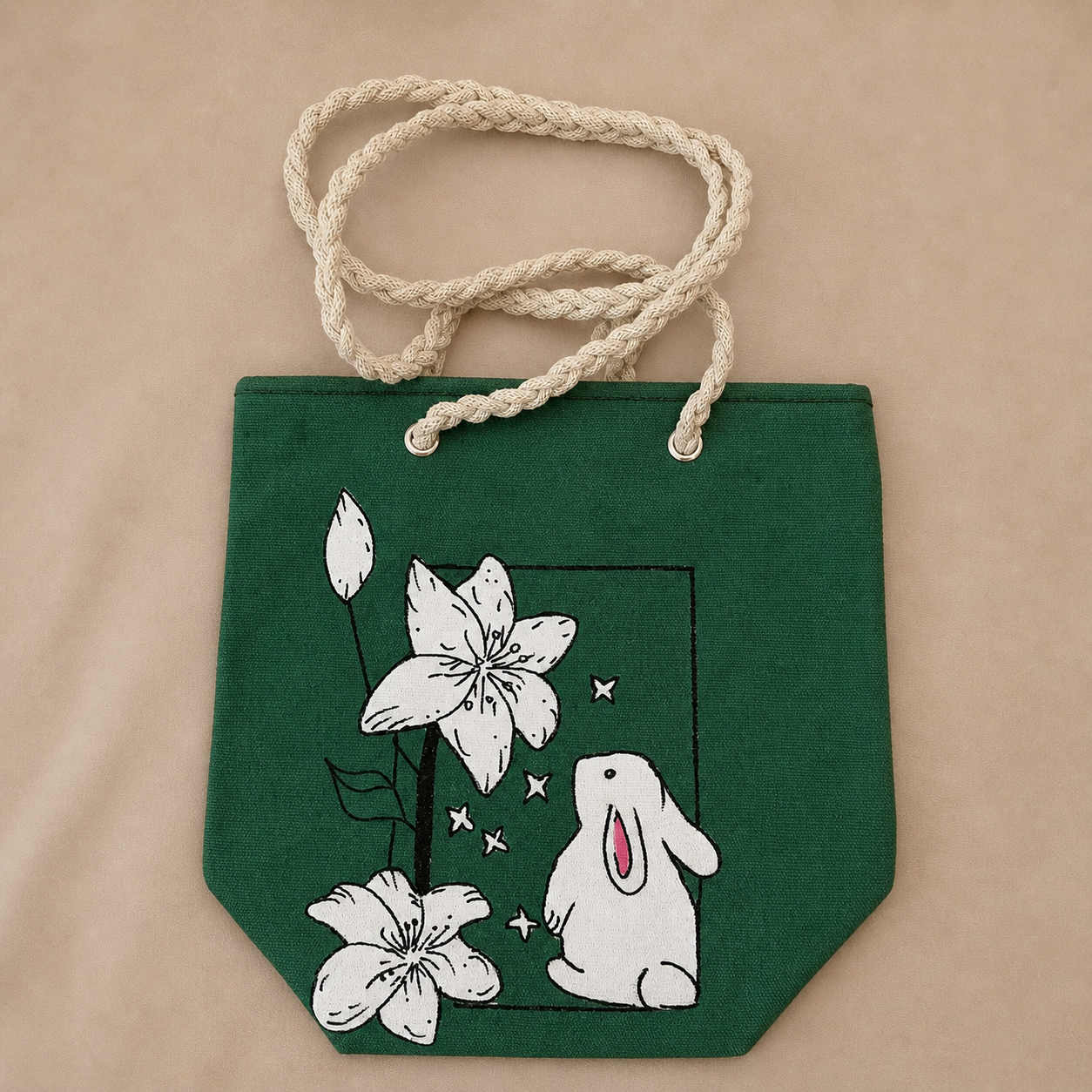 Handcrafted Green Jute Tote Bag with Bunny Floral Design | Natural Rope Handle Eco Bag | Zipper Everyday Shoulder Tote