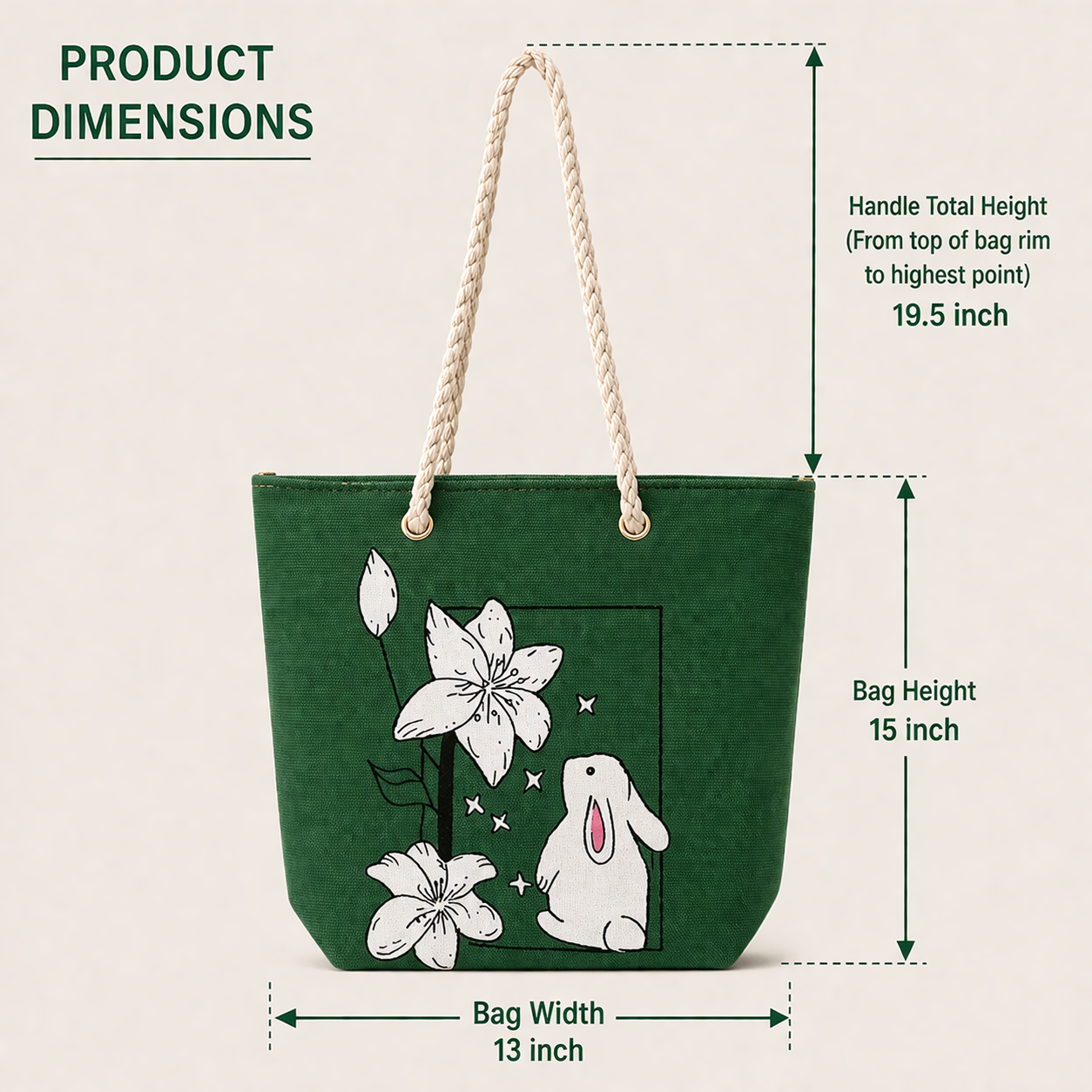 Handcrafted Green Jute Tote Bag with Bunny Floral Design | Natural Rope Handle Eco Bag | Zipper Everyday Shoulder Tote - Image 3
