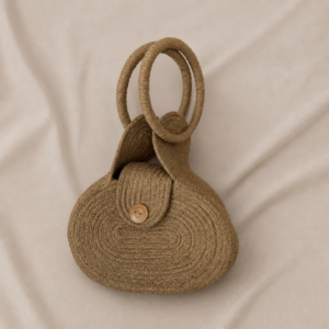 Handcrafted natural jute handbag with rounded structured body, double circular jute-wrapped handles, button flap closure, lined interior, and earthy woven texture.