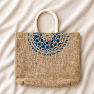 Handcrafted natural jute tote bag with cream handles, blue artisan-inspired print, zipper closure, lined interior, and soft rectangular everyday carry shape.