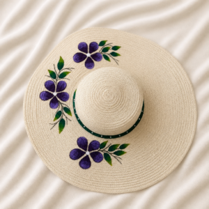 Handcrafted natural jute wide brim sun hat featuring hand-painted purple flowers, green leaves, vine details, deep green crown accent, and textured beige woven fiber finish.
