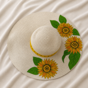 Handcrafted natural jute wide brim sun hat featuring vibrant hand-painted sunflower artwork, green leaves, yellow crown accent, and textured beige woven fiber finish.