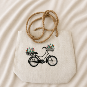 Handcrafted white jute tote bag with natural rope handles, zipper closure, lined interior, and hand-painted black bicycle design with colorful floral baskets on the front.